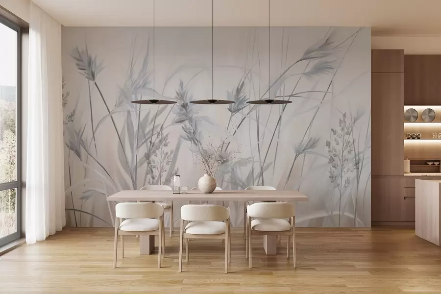 wall murals Високе, суве стабљике траве са пернатим врховима у пригушеним тоновима, мека, магловита бела и беж позадина w09652v1