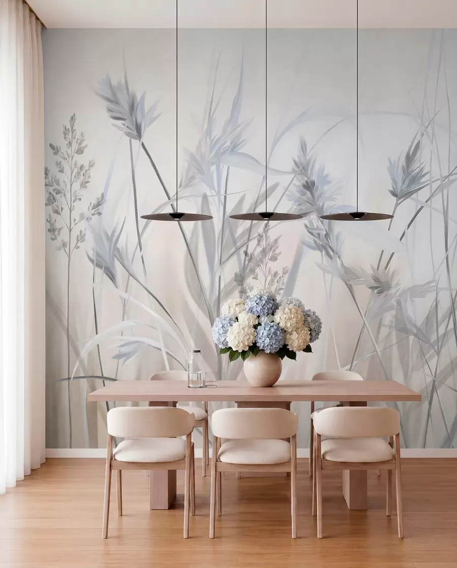 wall murals Високе, суве стабљике траве са пернатим врховима у пригушеним тоновима, мека, магловита бела и беж позадина w09652v1