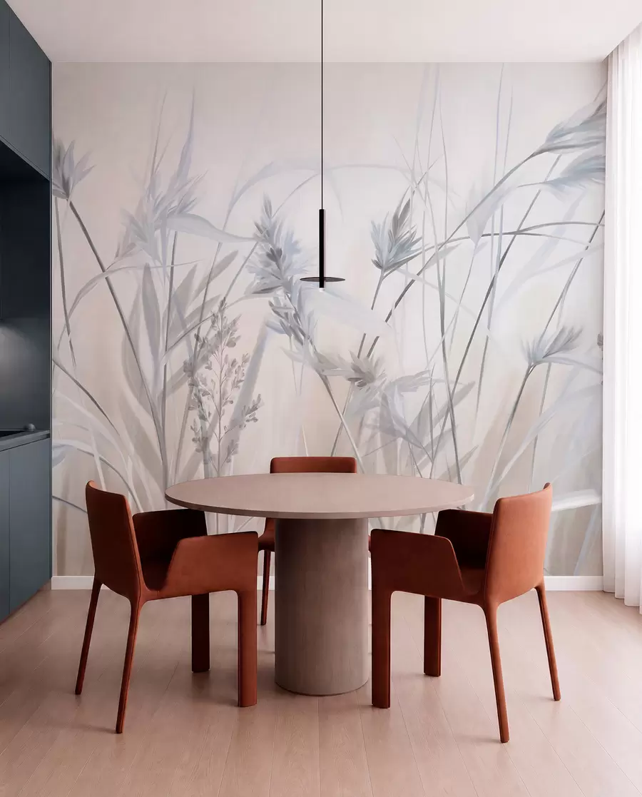 wall murals Високе, суве стабљике траве са пернатим врховима у пригушеним тоновима, мека, магловита бела и беж позадина w09652v1