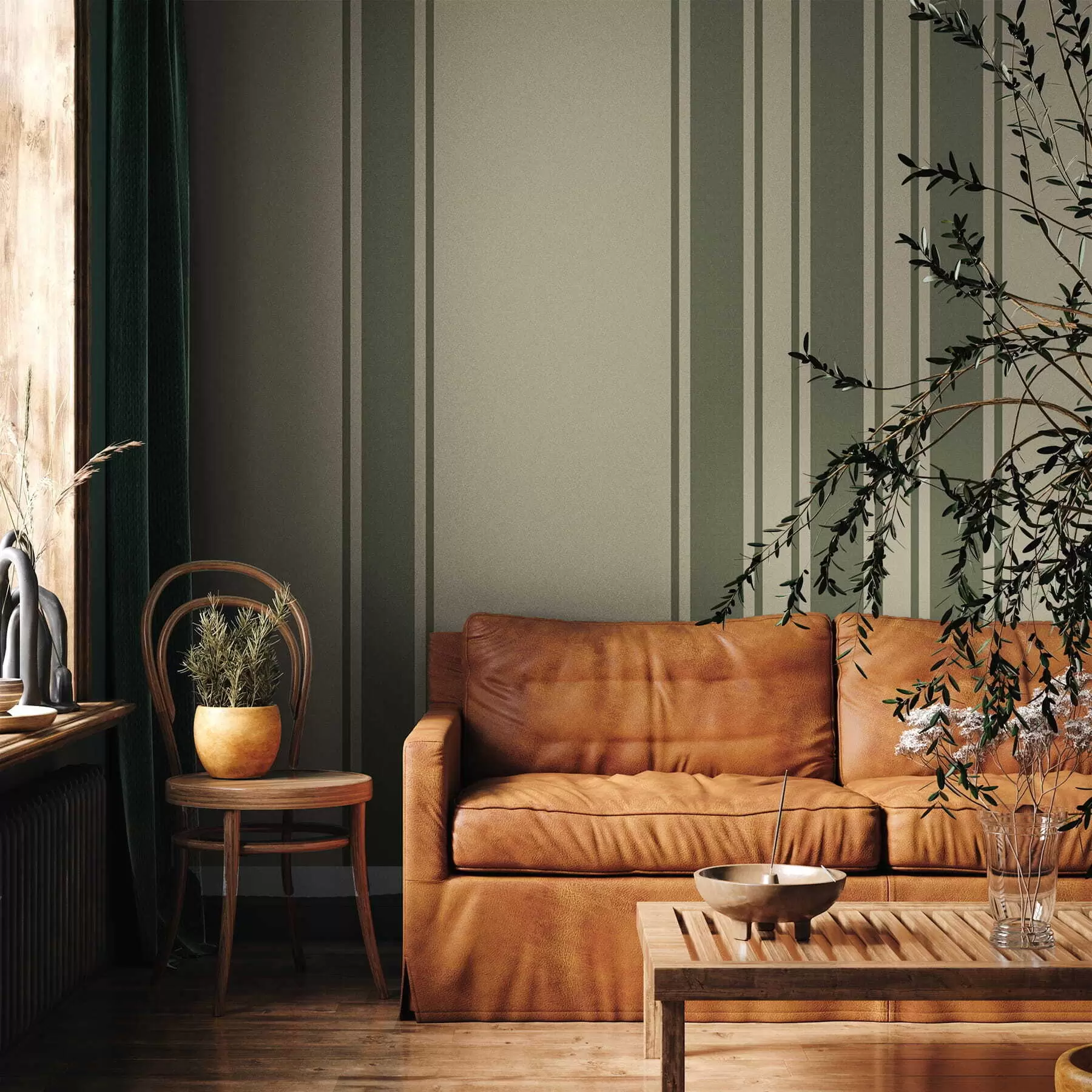 wall murals Вертикалне пруге у пригушеној зеленој и беж палети w05098