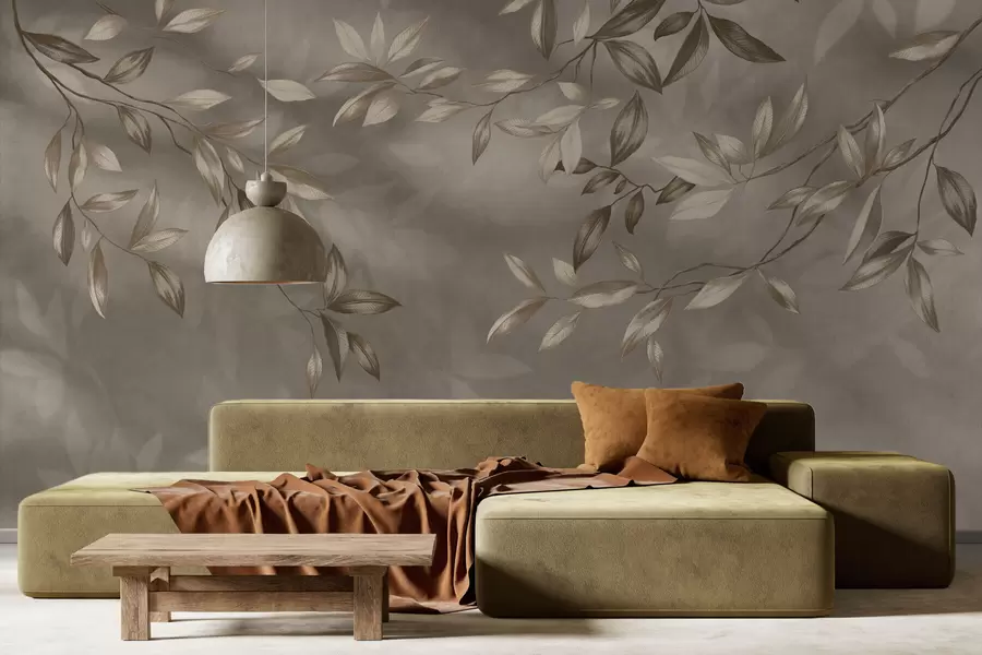 wall murals Нежне лиснате гране у беж тоновима на светлој позадини w05113v2