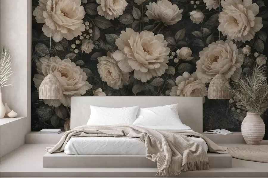 wall murals Волуменозно цвеће у беж палети на тамној позадини w05114