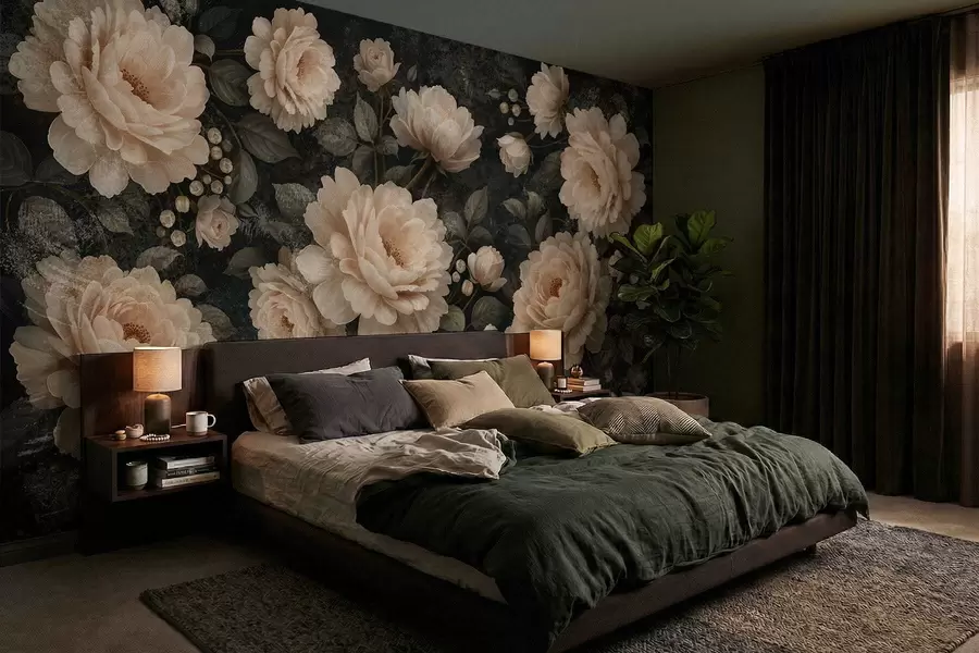 wall murals Волуменозно цвеће у беж палети на тамној позадини w05114