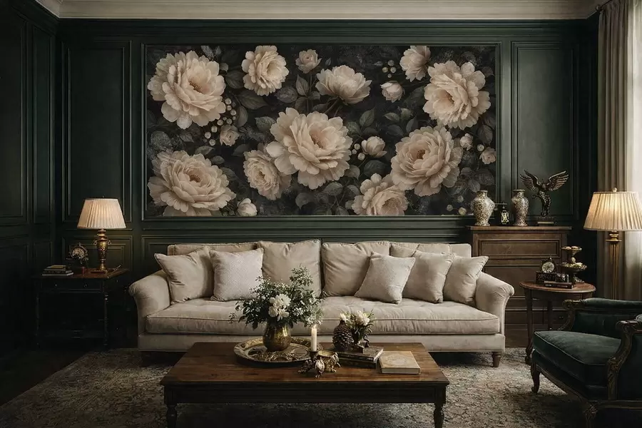 wall murals Волуменозно цвеће у беж палети на тамној позадини w05114