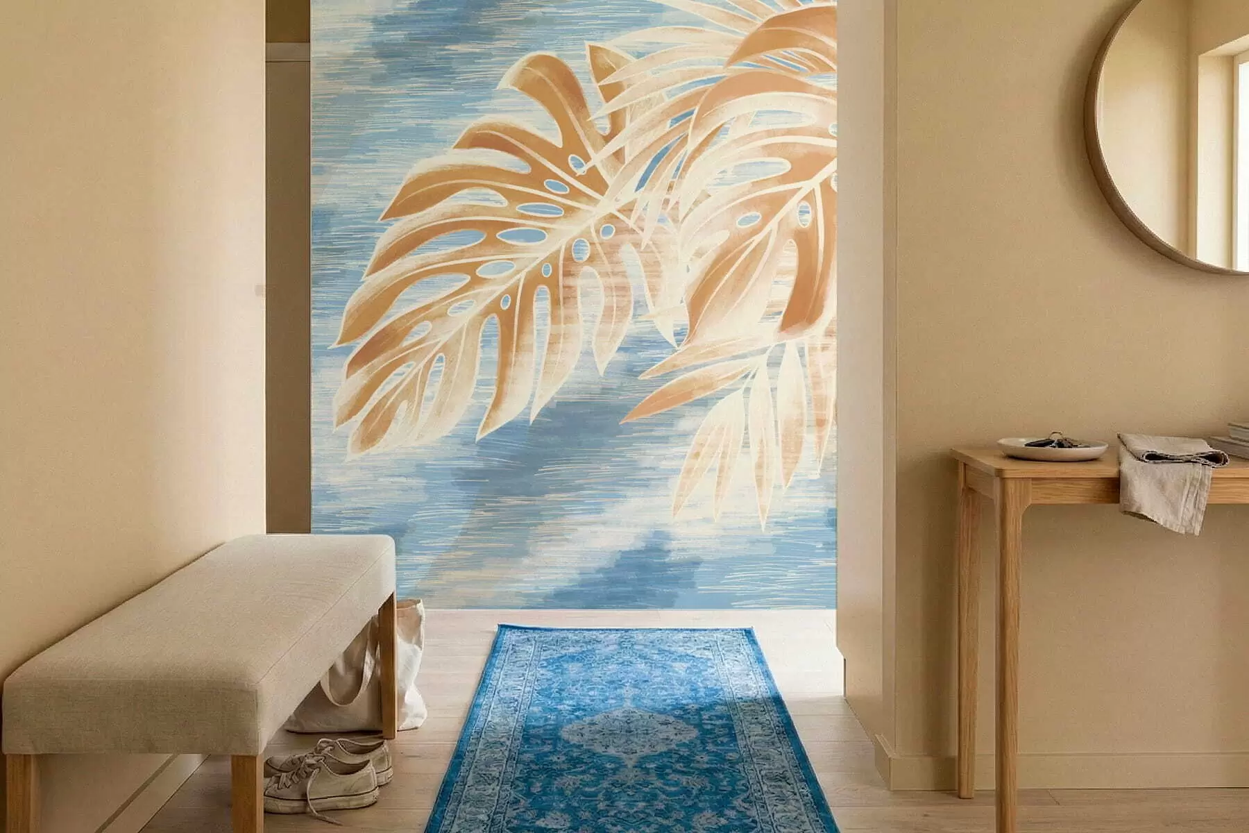 wall murals Листови у светлим пешчаним тоновима на плавој позадини w05130v1