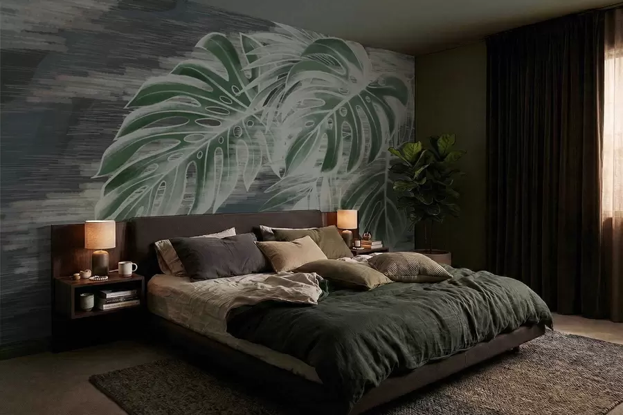 wall murals Тамнозелено лишће на текстурираној тамној позадини w05130v4