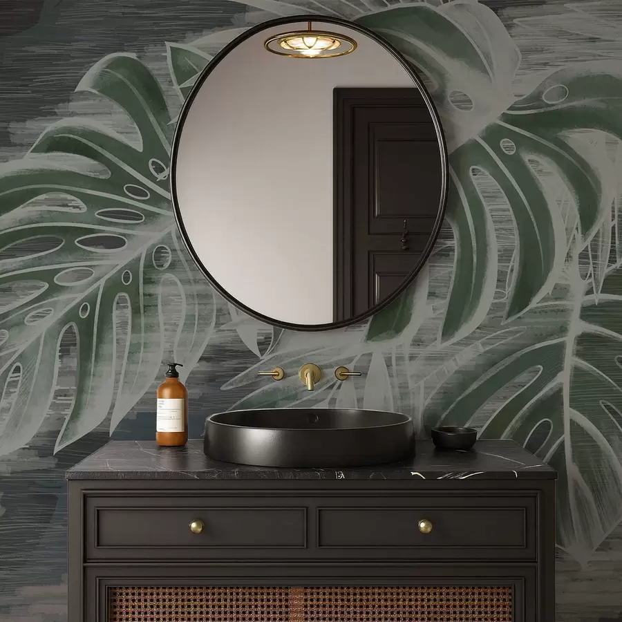 wall murals Тамнозелено лишће на текстурираној тамној позадини w05130v4