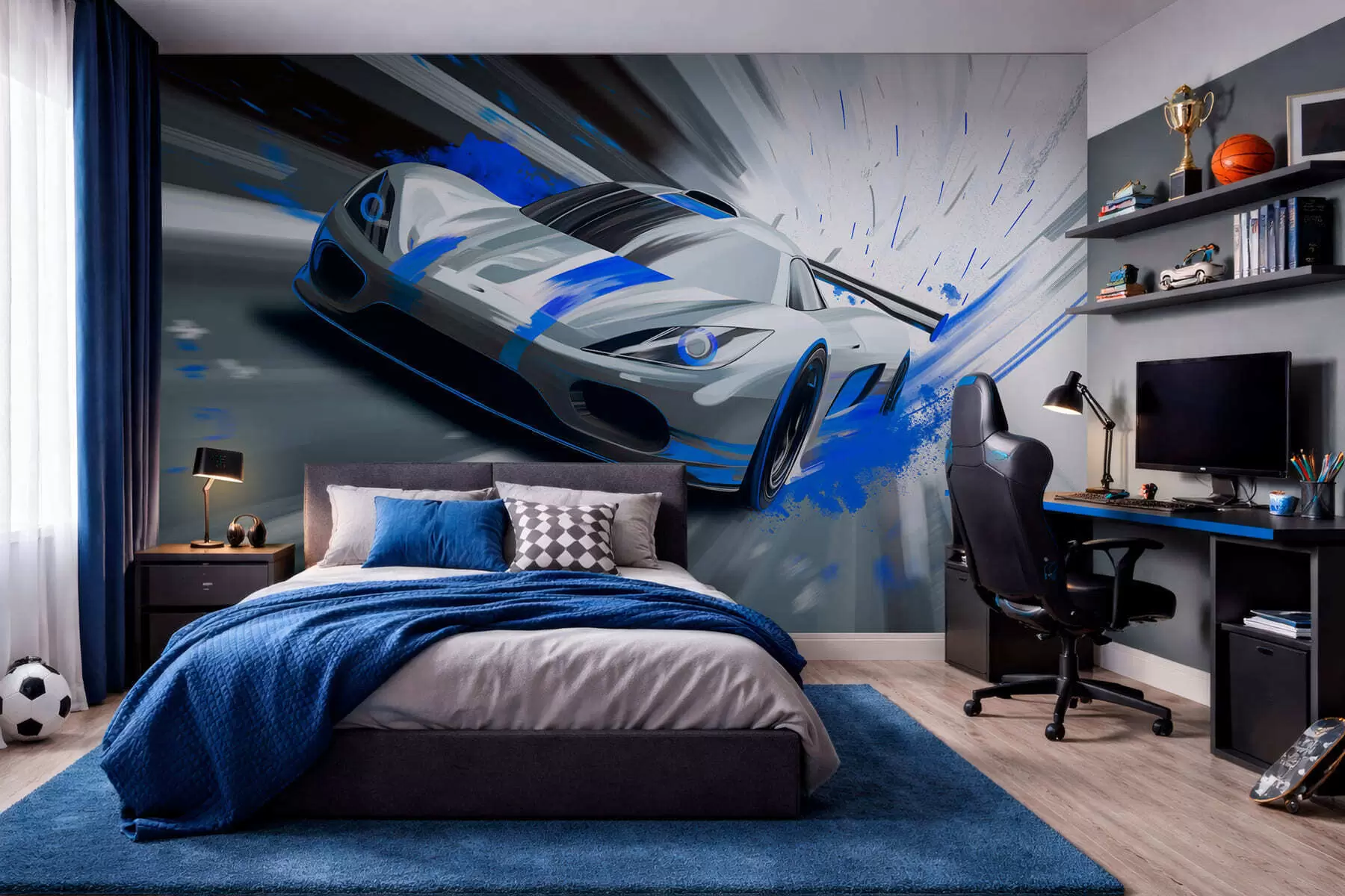 wall murals динамичан спортски аутомобил у дигиталном стилу цртања са плавим акцентима w05069