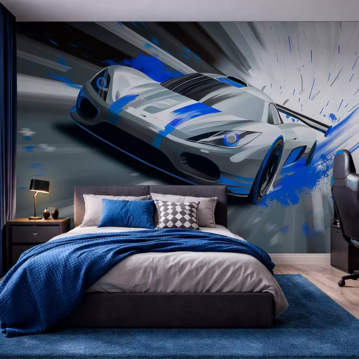 Fototapeta „dinamičan sportski automobil u digitalnom stilu crtanja sa plavim akcentima“, w05069