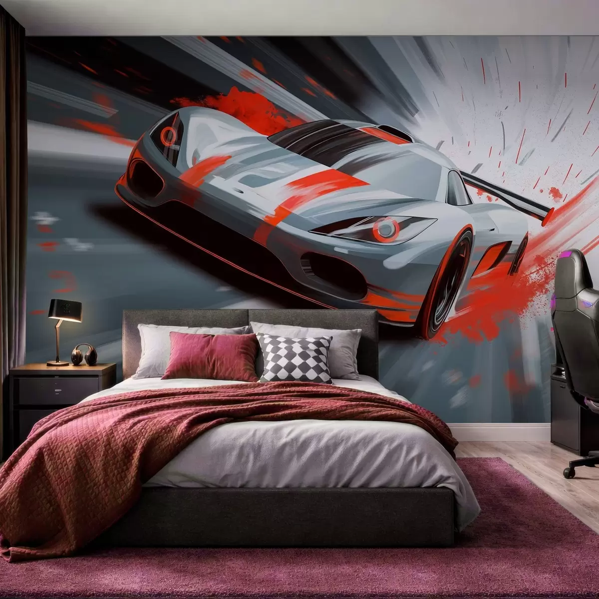 Fototapeta „dinamičan sportski automobil u digitalnom stilu crtanja sa crvenim akcentima“, w05069v1