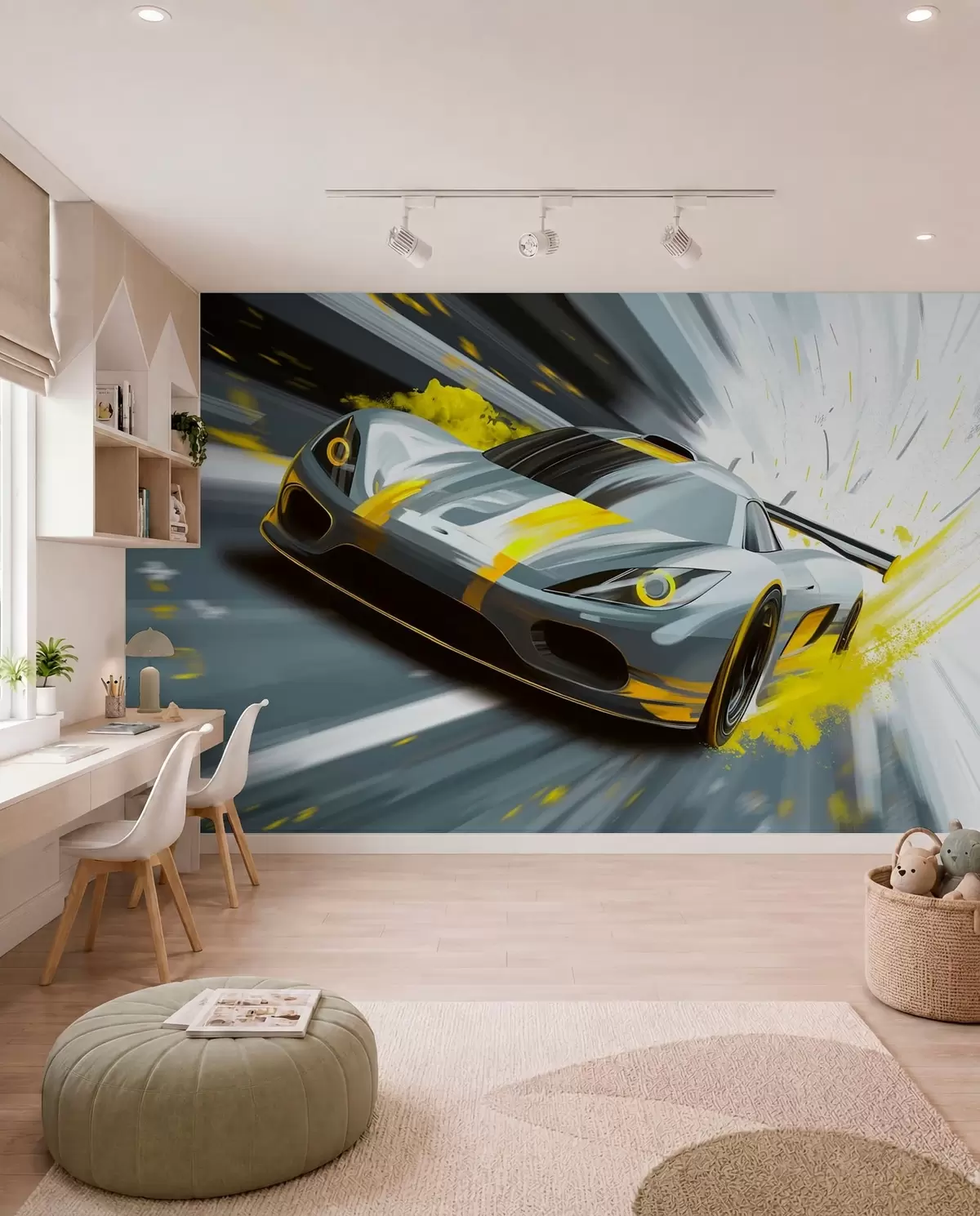 Fototapeta „dinamičan sportski automobil u digitalnom stilu crtanja sa žutim akcentima“, w05069v2