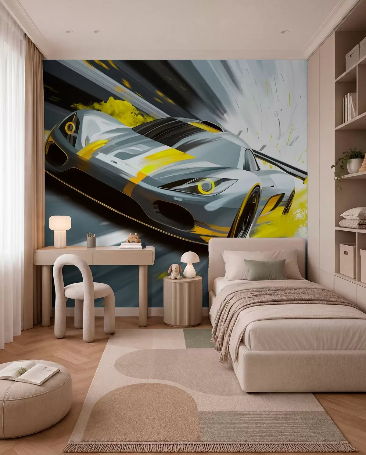 Fototapeta „dinamičan sportski automobil u digitalnom stilu crtanja sa žutim akcentima“, w05069v2