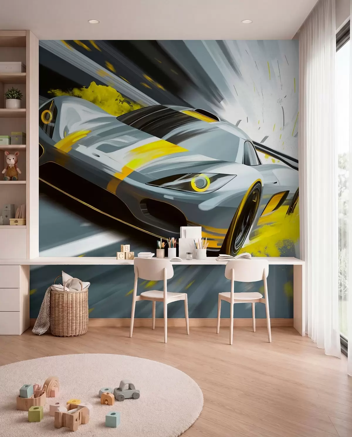 Fototapeta „dinamičan sportski automobil u digitalnom stilu crtanja sa žutim akcentima“, w05069v2