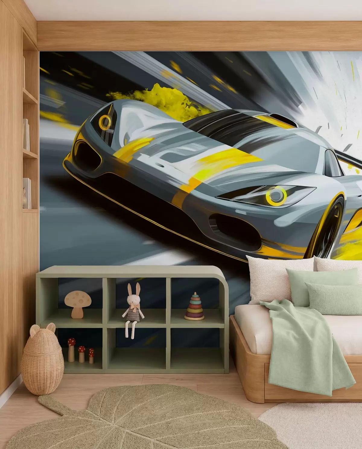 Fototapeta „dinamičan sportski automobil u digitalnom stilu crtanja sa žutim akcentima“, w05069v2