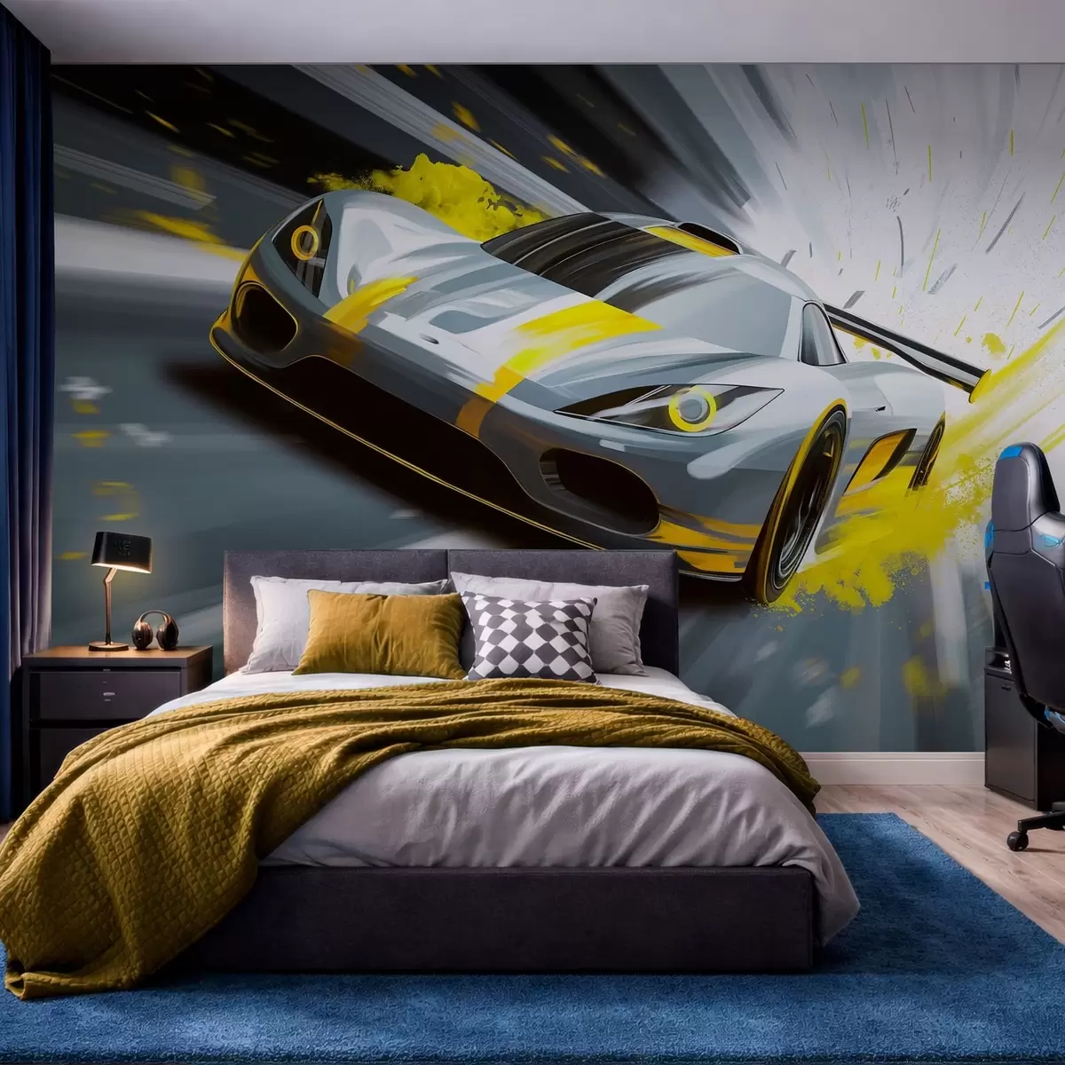 Fototapeta „dinamičan sportski automobil u digitalnom stilu crtanja sa žutim akcentima“, w05069v2