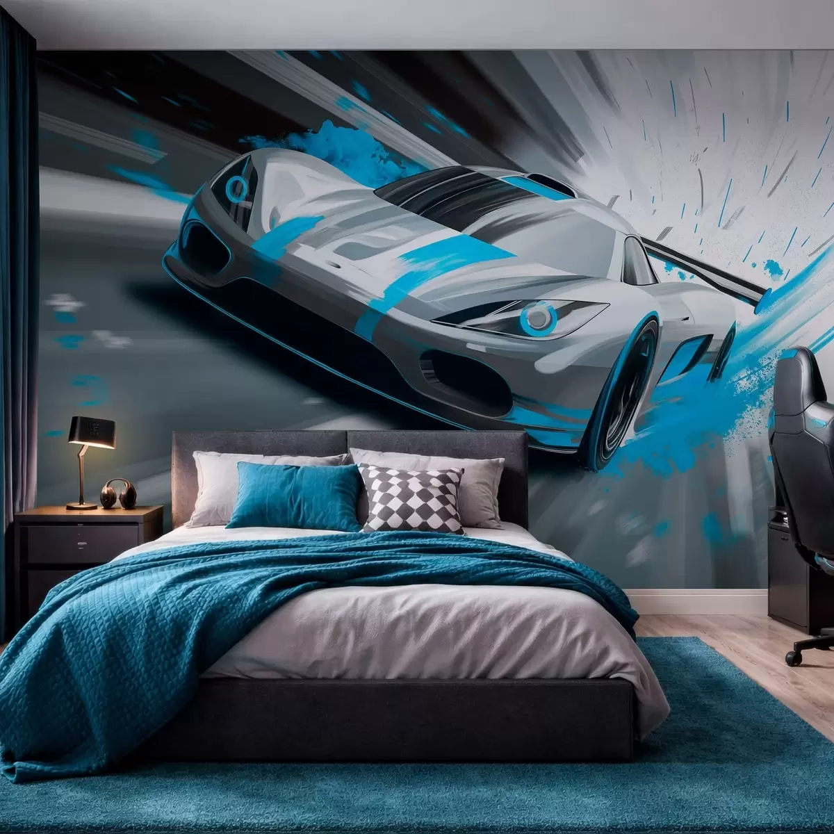Fototapeta „dinamičan sportski automobil u stilu digitalnog crtanja sa tirkiznim akcentima“, w05069v3