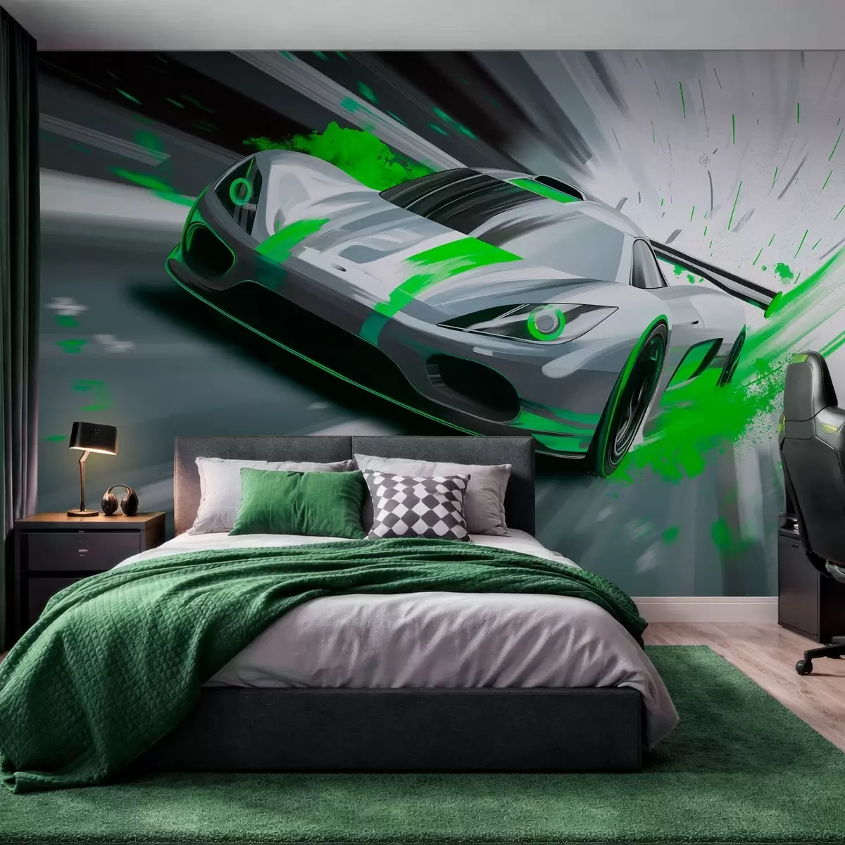 Fototapeta „dinamičan sportski automobil u digitalnom stilu crtanja sa zelenim akcentima“, w05069v4