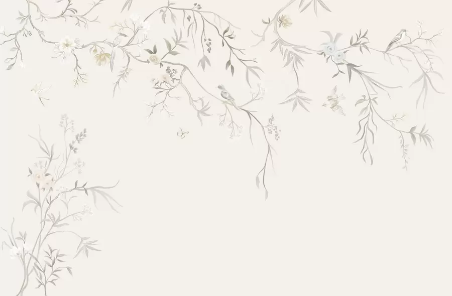 wall murals Нежно цвеће и птице на кредастој позадини w05127