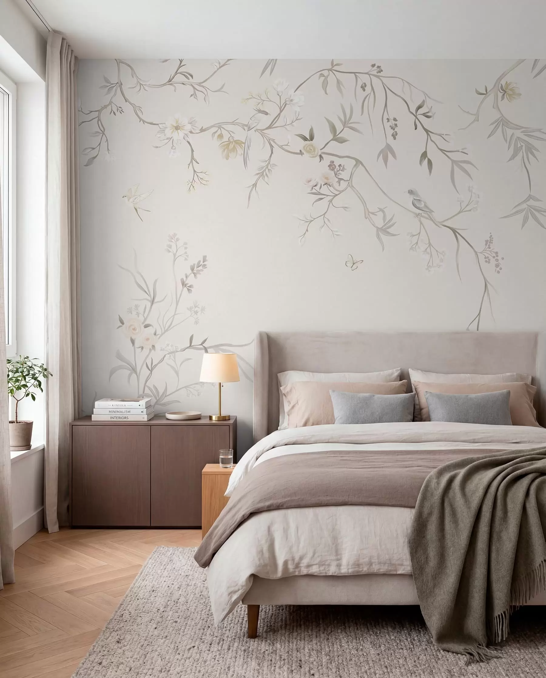 wall murals Нежно цвеће и птице на кредастој позадини w05127