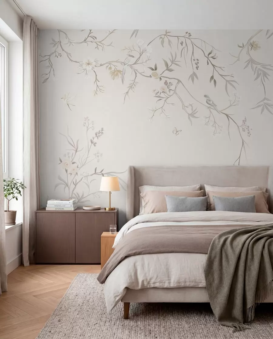 wall murals Нежно цвеће и птице на кредастој позадини w05127