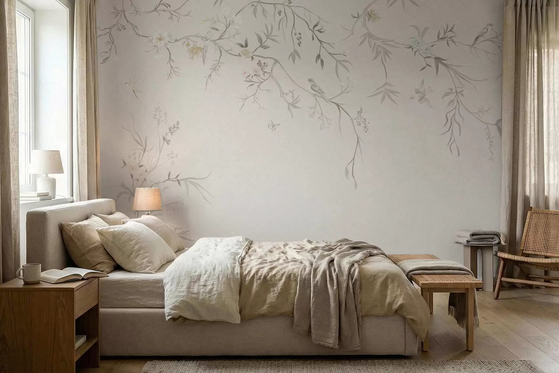 wall murals Нежно цвеће и птице на кредастој позадини w05127