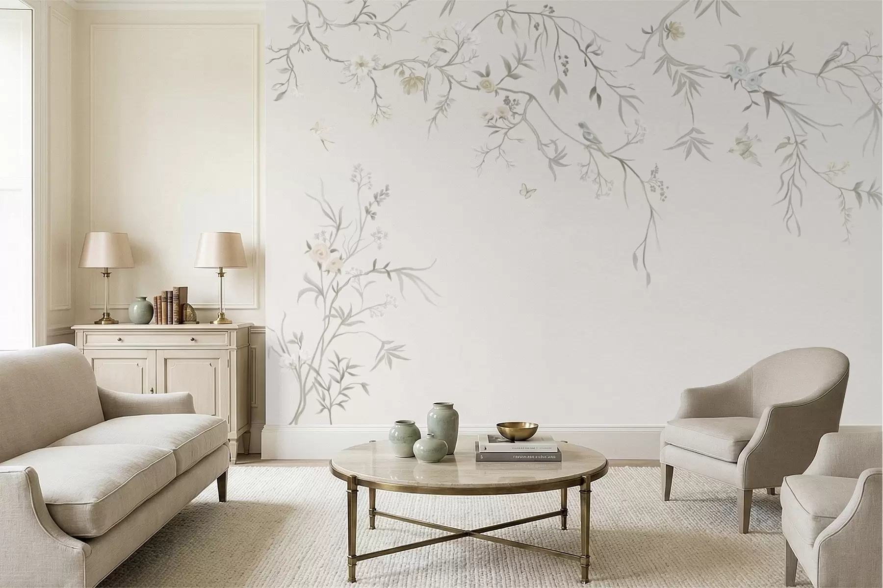 wall murals Нежно цвеће и птице на кредастој позадини w05127