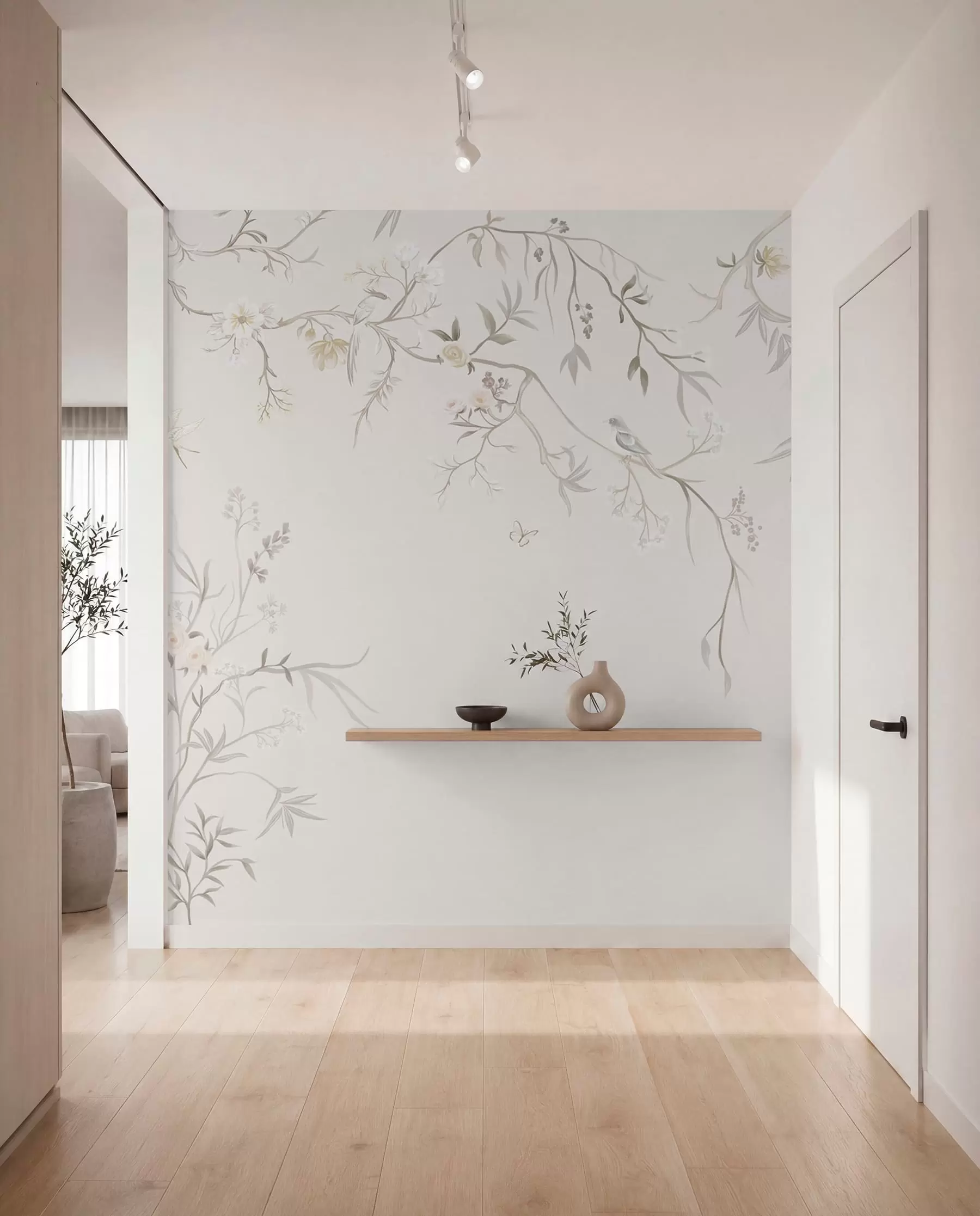 wall murals Нежно цвеће и птице на кредастој позадини w05127