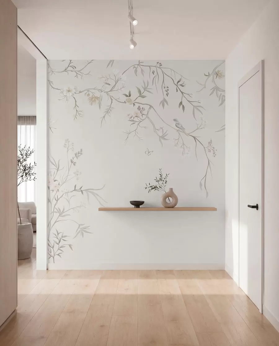 wall murals Нежно цвеће и птице на кредастој позадини w05127