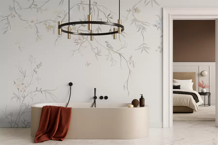 wall murals Нежно цвеће и птице на кредастој позадини w05127