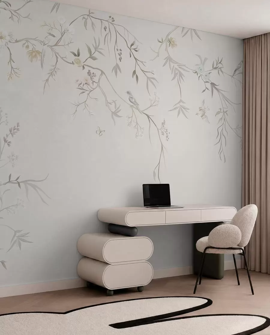 wall murals Нежно цвеће и птице на кредастој позадини w05127