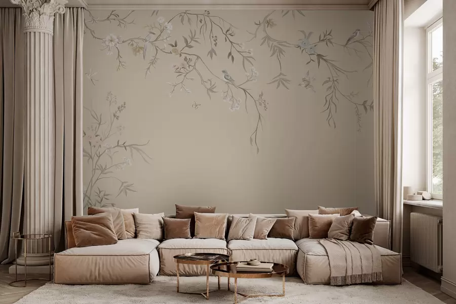 wall murals Светло цвеће и птице на пастелној позадини w05127v2