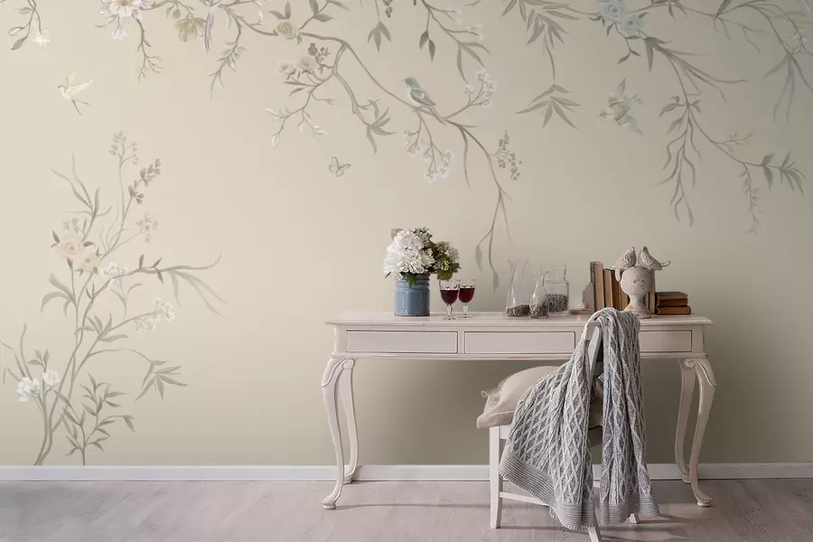 wall murals Светло цвеће и птице на пастелној позадини w05127v2