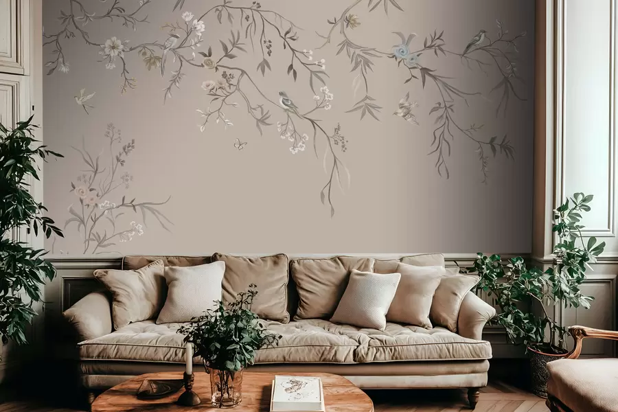 wall murals Цветни орнамент са птицама на неутралној позадини w05127v3