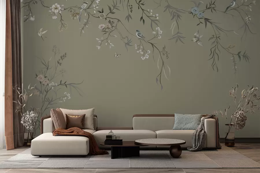 wall murals Цветни мотив са птицама на сивој позадини w05127v4