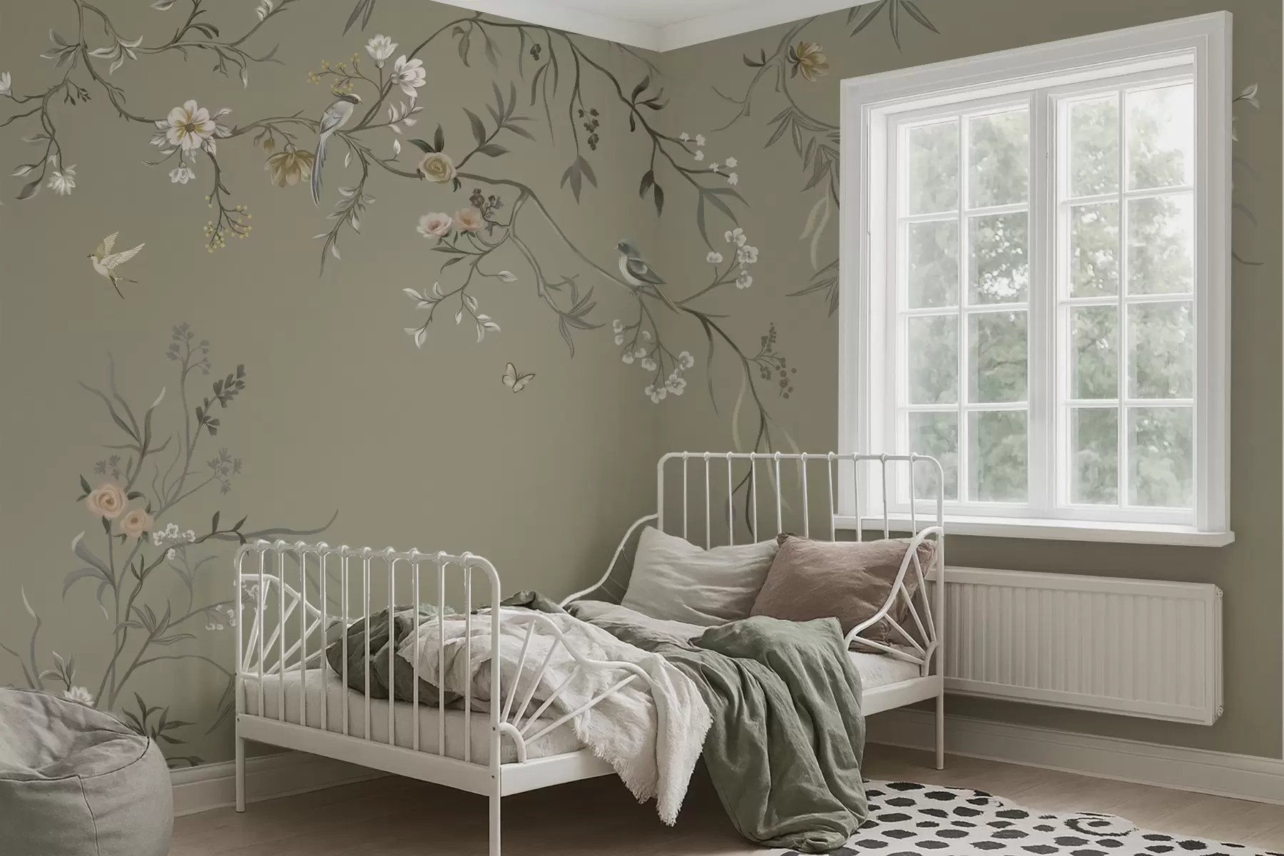 wall murals Цветни мотив са птицама на сивој позадини w05127v4