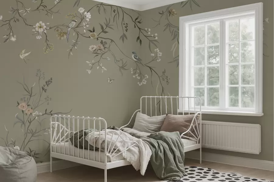 wall murals Цветни мотив са птицама на сивој позадини w05127v4