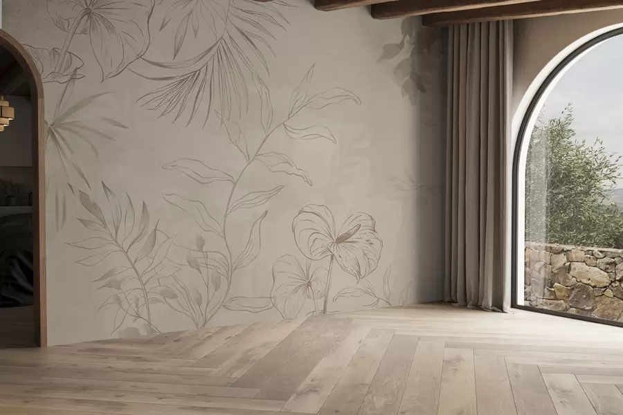 wall murals Линеарне биљке на текстурираној беж позадини w05128