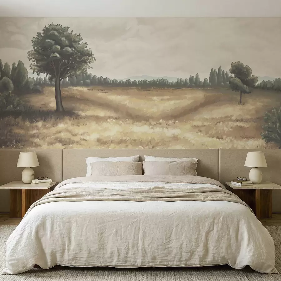 wall murals Осликани пејзаж са дрвећем и отвореним пољем w05131
