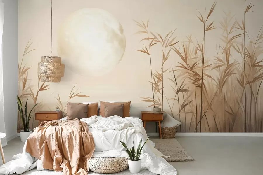 wall murals Текстурирани пејзаж са високом трском, језером и бледим месецом на магловитом небу w09631