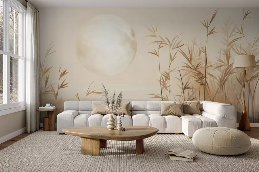 wall murals Текстурирани пејзаж са високом трском, језером и бледим месецом на магловитом небу w09631