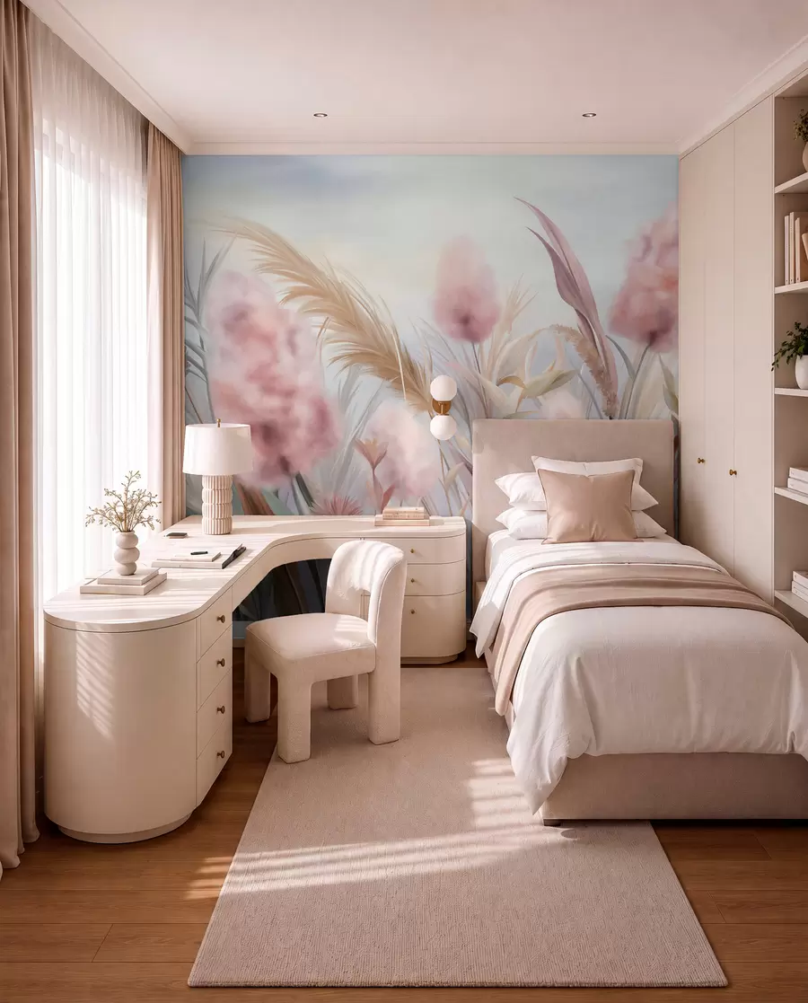 wall murals Ружичаста и беж пампас трава и друго суво цвеће са меким, магловитим небом у позадини w09635
