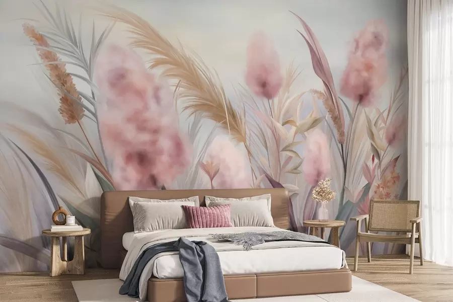 wall murals Ружичаста и беж пампас трава и друго суво цвеће са меким, магловитим небом у позадини w09635