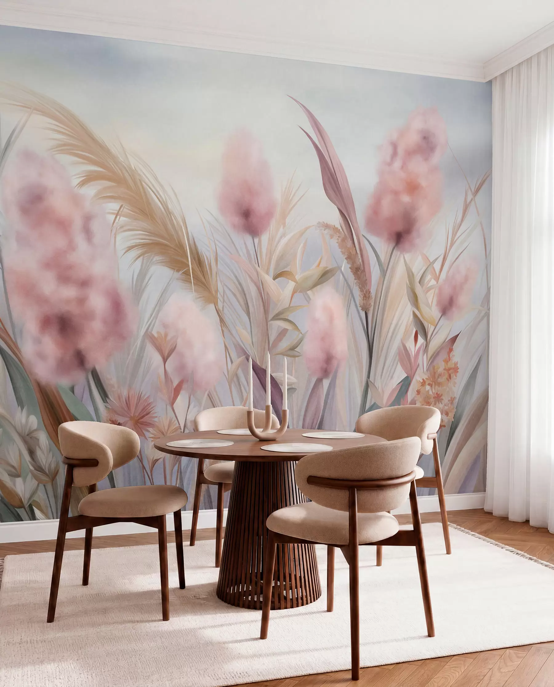 wall murals Ружичаста и беж пампас трава и друго суво цвеће са меким, магловитим небом у позадини w09635