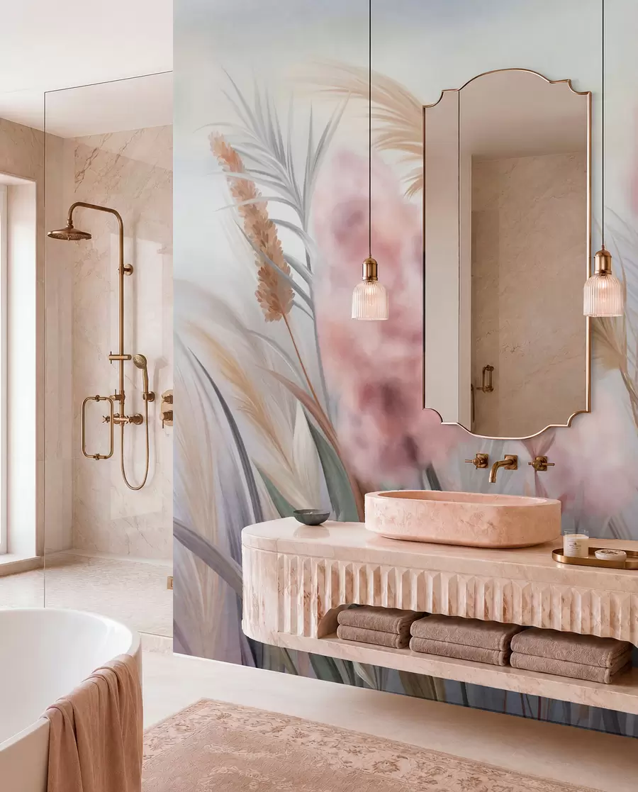 wall murals Ружичаста и беж пампас трава и друго суво цвеће са меким, магловитим небом у позадини w09635