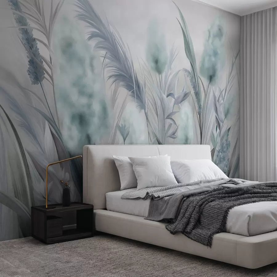 wall murals Плава и сива пампас трава и друго суво цвеће са меким, магловитим небом у позадини w09635v1