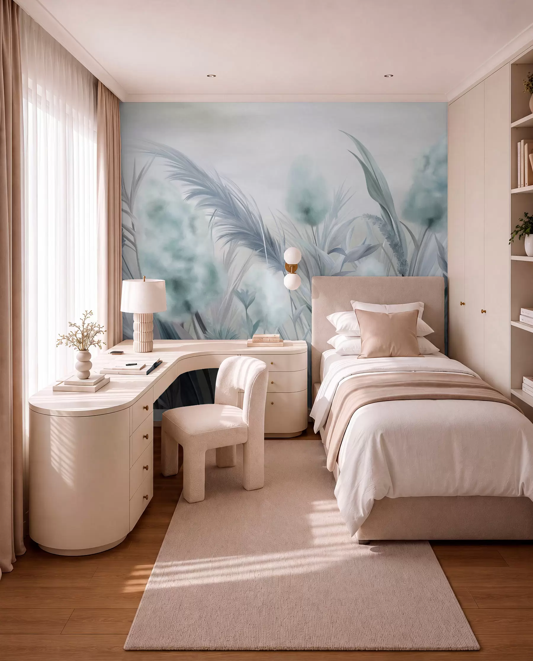 wall murals Плава и сива пампас трава и друго суво цвеће са меким, магловитим небом у позадини w09635v1