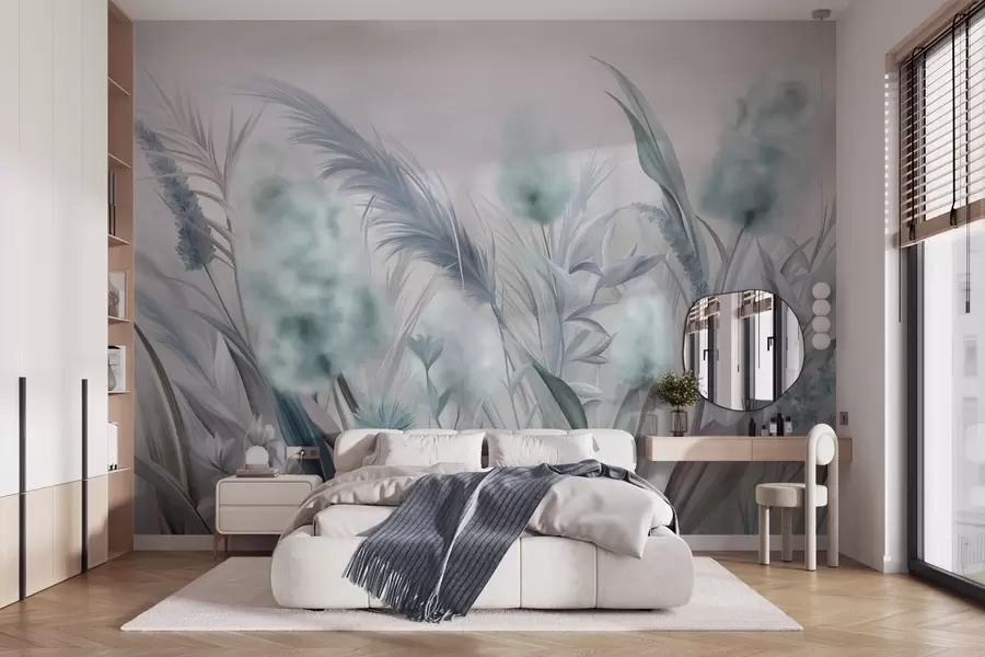 wall murals Плава и сива пампас трава и друго суво цвеће са меким, магловитим небом у позадини w09635v1