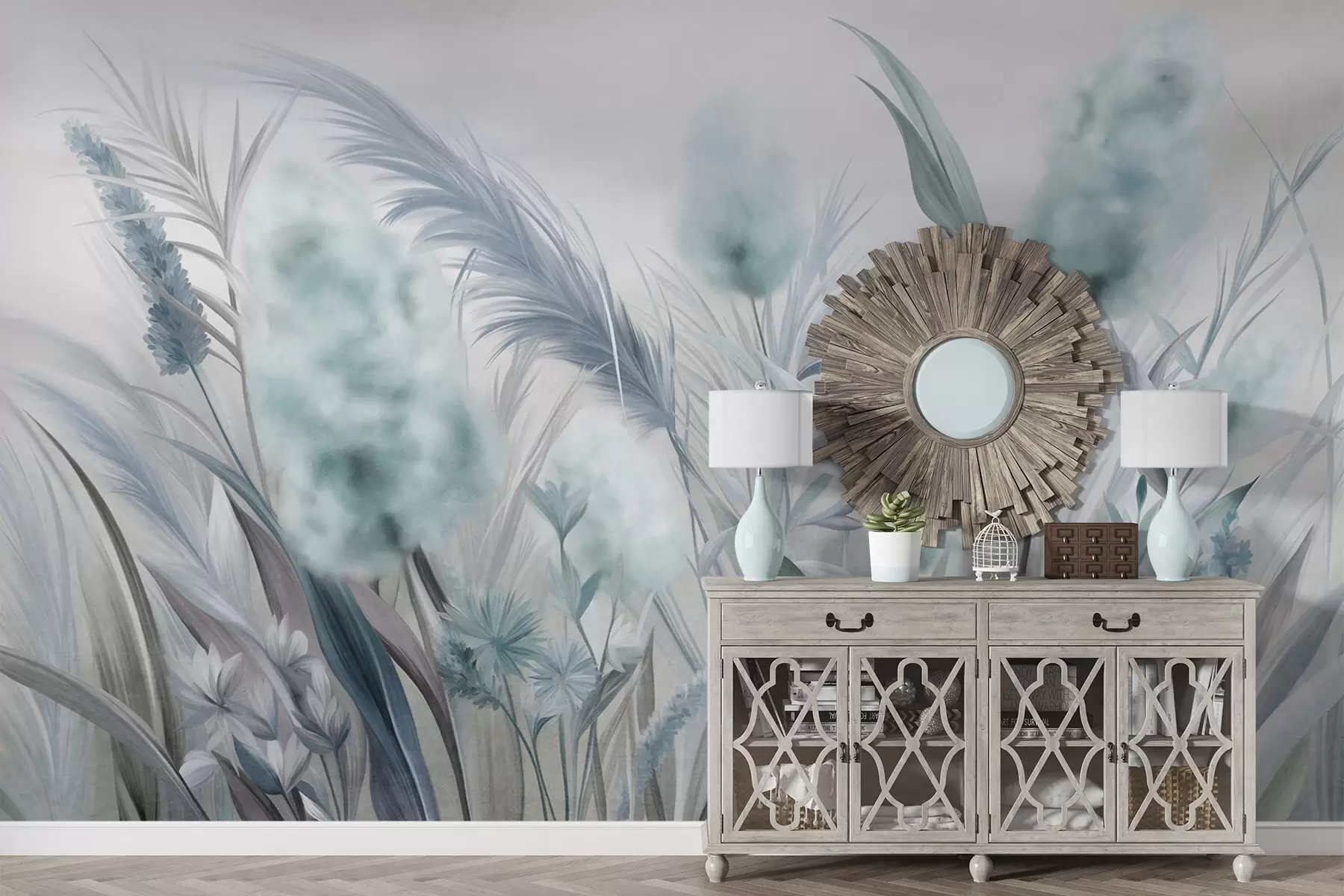 wall murals Плава и сива пампас трава и друго суво цвеће са меким, магловитим небом у позадини w09635v1