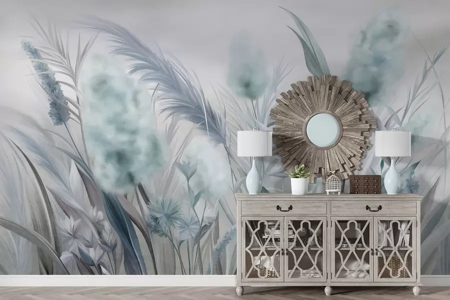 wall murals Плава и сива пампас трава и друго суво цвеће са меким, магловитим небом у позадини w09635v1