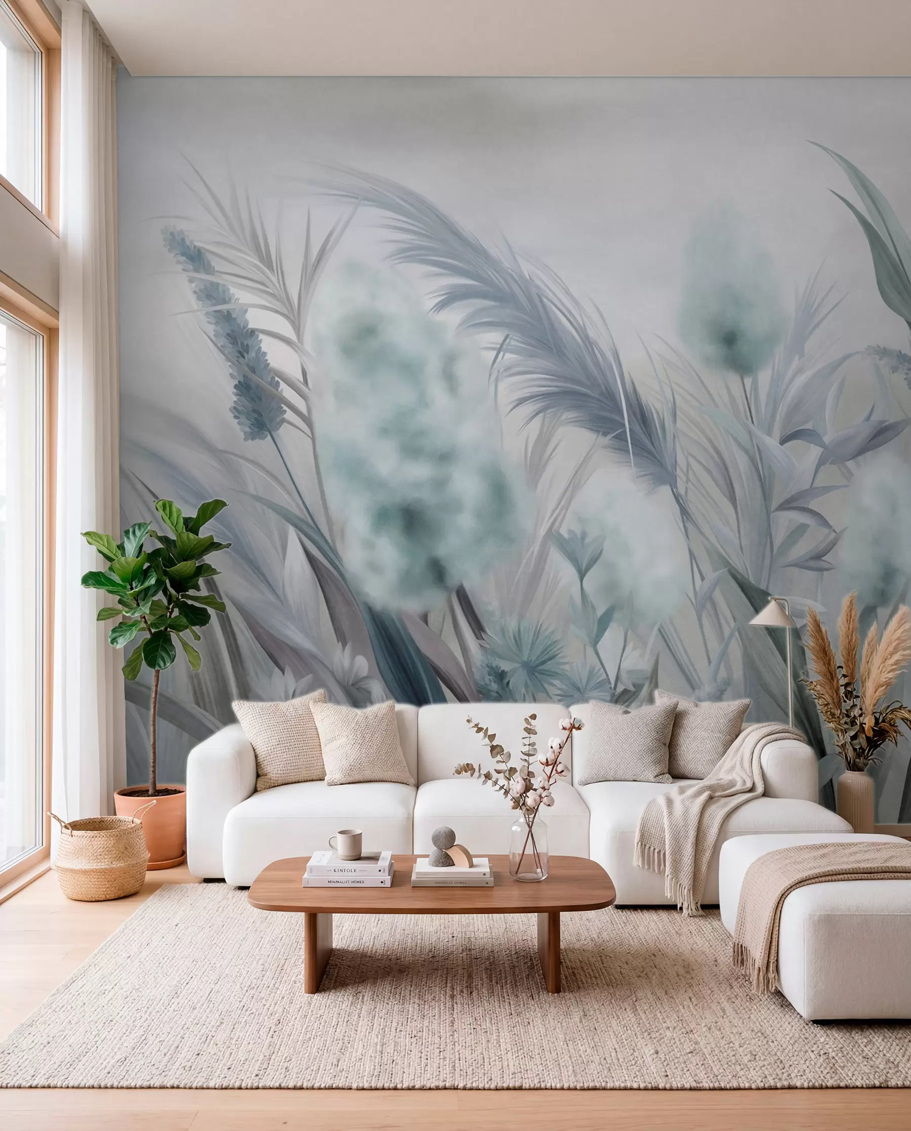 wall murals Плава и сива пампас трава и друго суво цвеће са меким, магловитим небом у позадини w09635v1